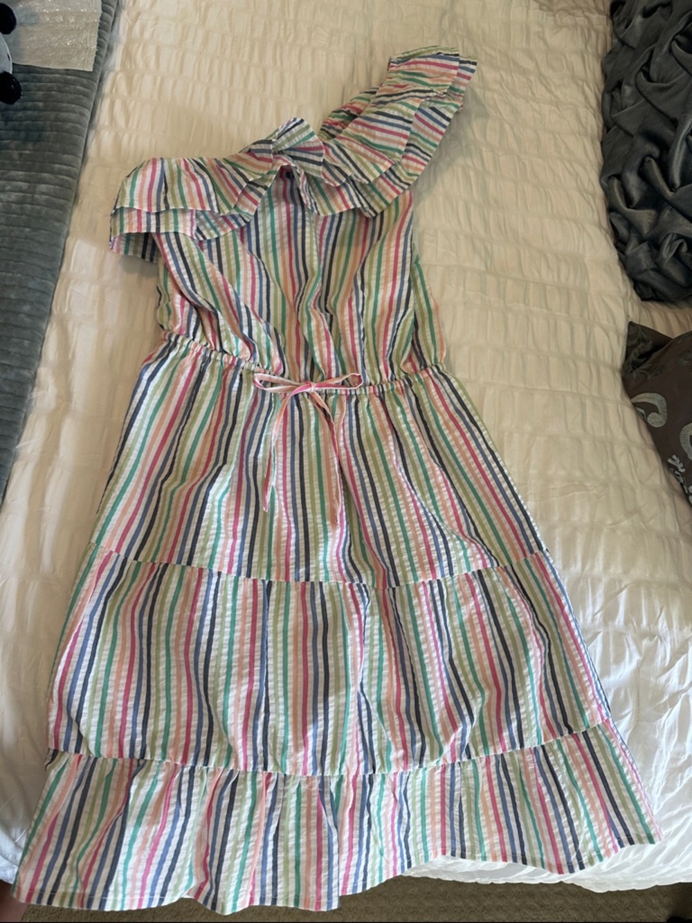 Lovers + Friends One-Shoulder Stripe Dress in Multicolor Pastels